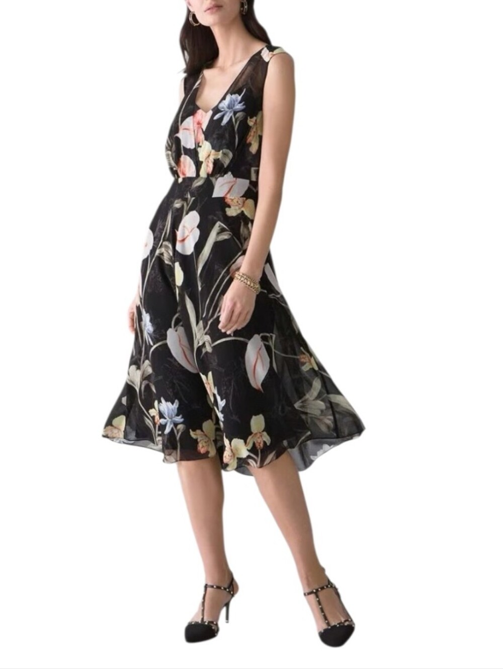 White House Black Market Black Floral V-Neck Fit-and-Flare Dress